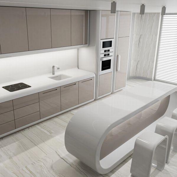 Modern minimalist kitchen with premium refrigerator