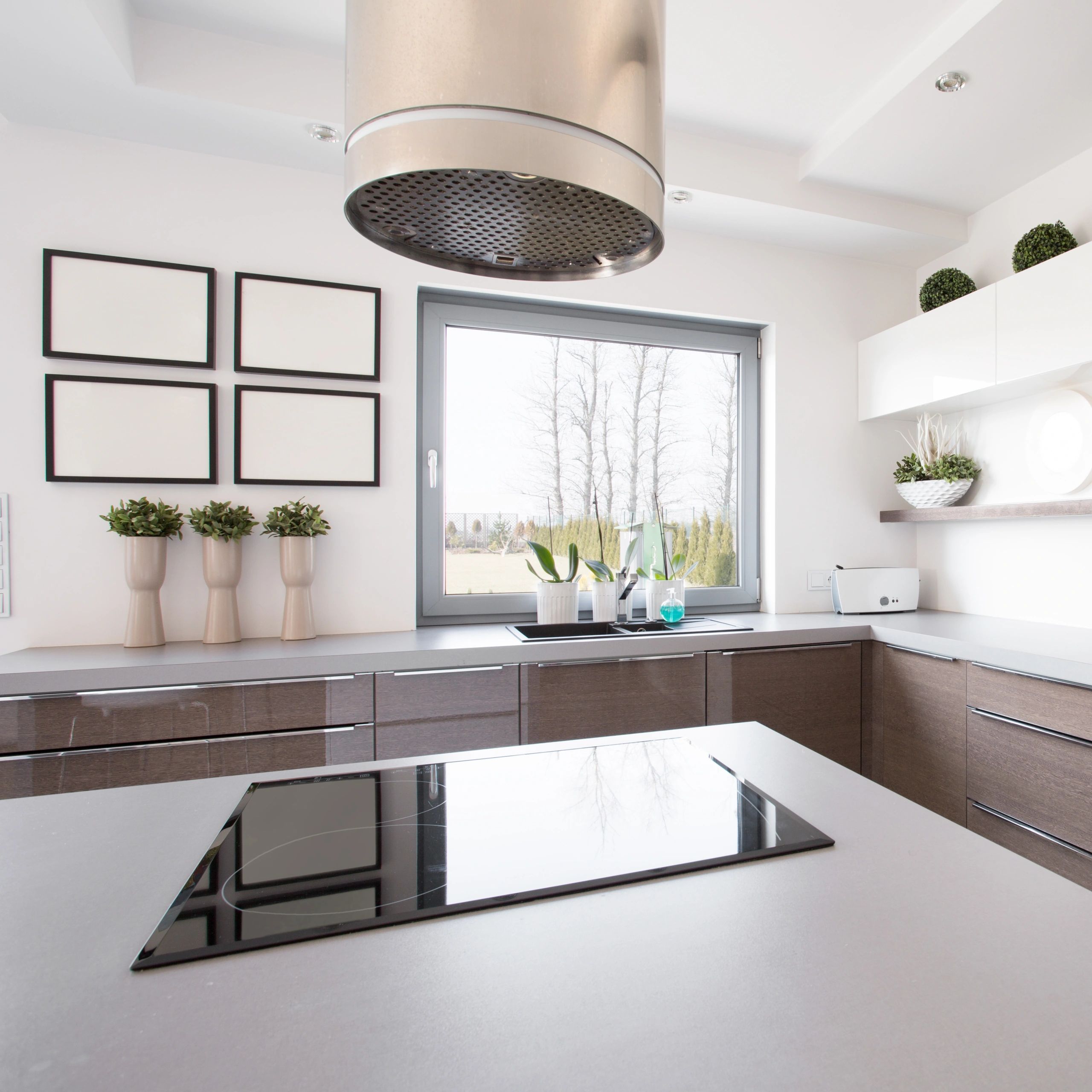 Modern kitchen with dark wood cabinetry